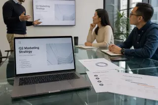 Business meeting in a modern office with a laptop displaying a pitch deck on a table, natural light, and three people discussing the presentation.
