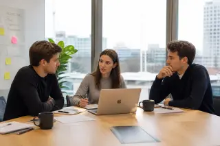 Trois jeunes cofondateurs discutent autour d'une table dans une salle de réunion moderne et lumineuse avec des ordinateurs et des documents, ambiance professionnelle et collaborative.