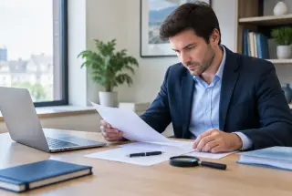 Entrepreneur examinant un dossier de dépôt de marque devant un ordinateur dans un bureau lumineux